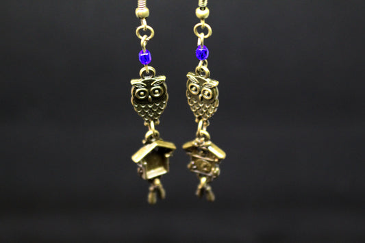 Boucles d'oreilles chouettes et horloge