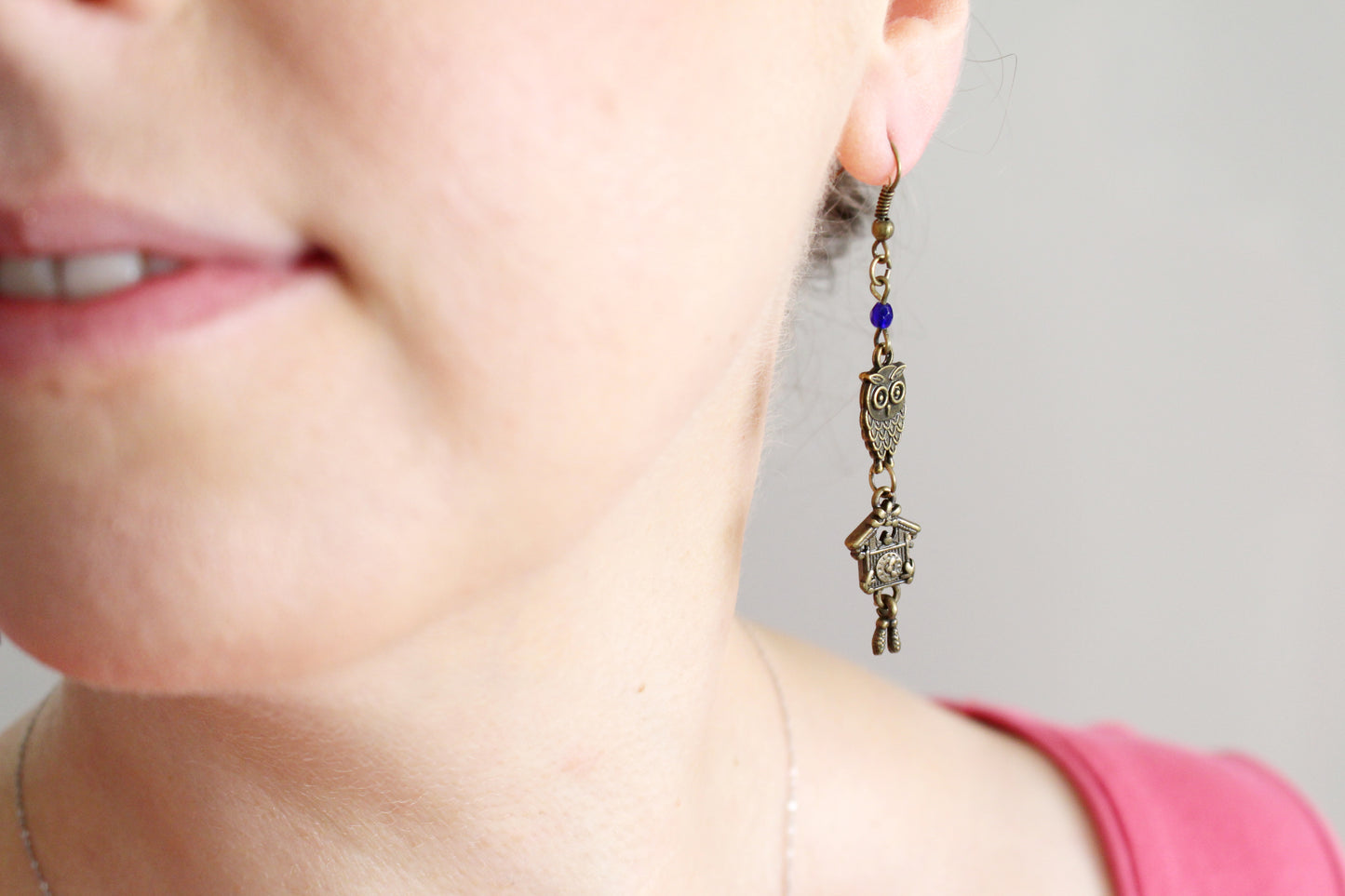 Boucles d'oreilles chouettes et horloge