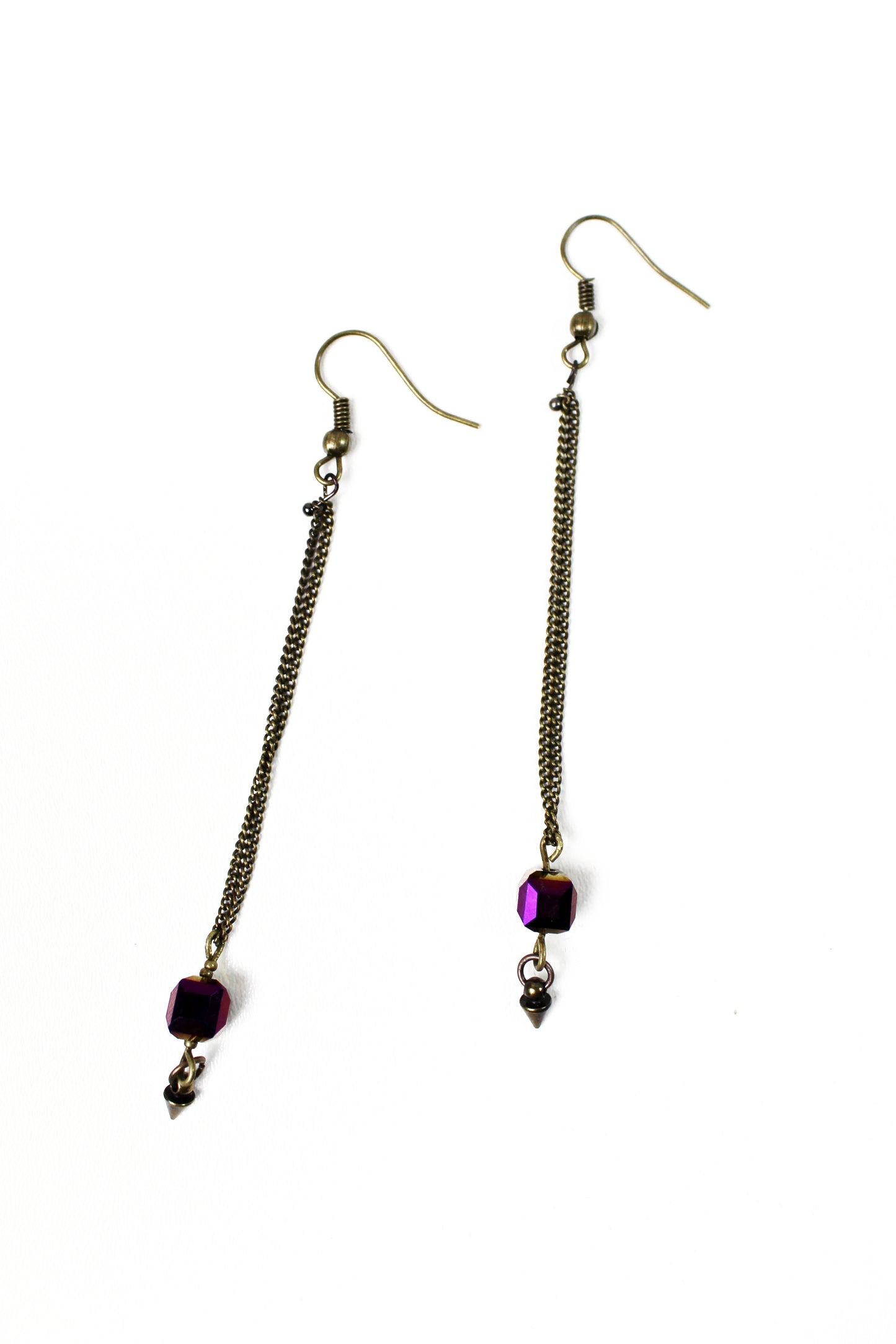 Boucles d'oreilles pendantes chaînes  bronze et cube caméléon