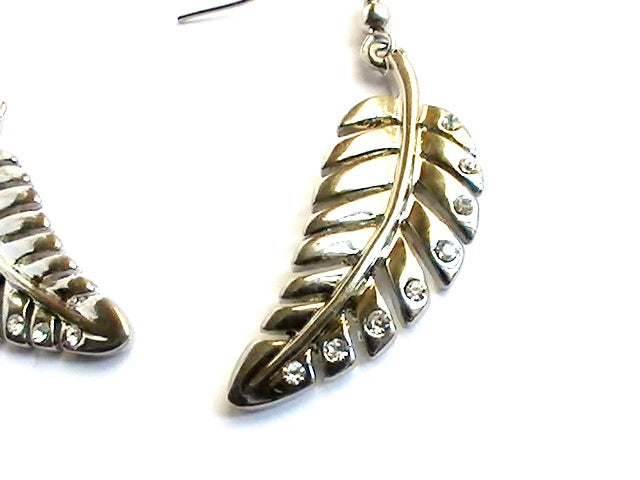 Boucles d'oreilles feuilles argentées avec strass