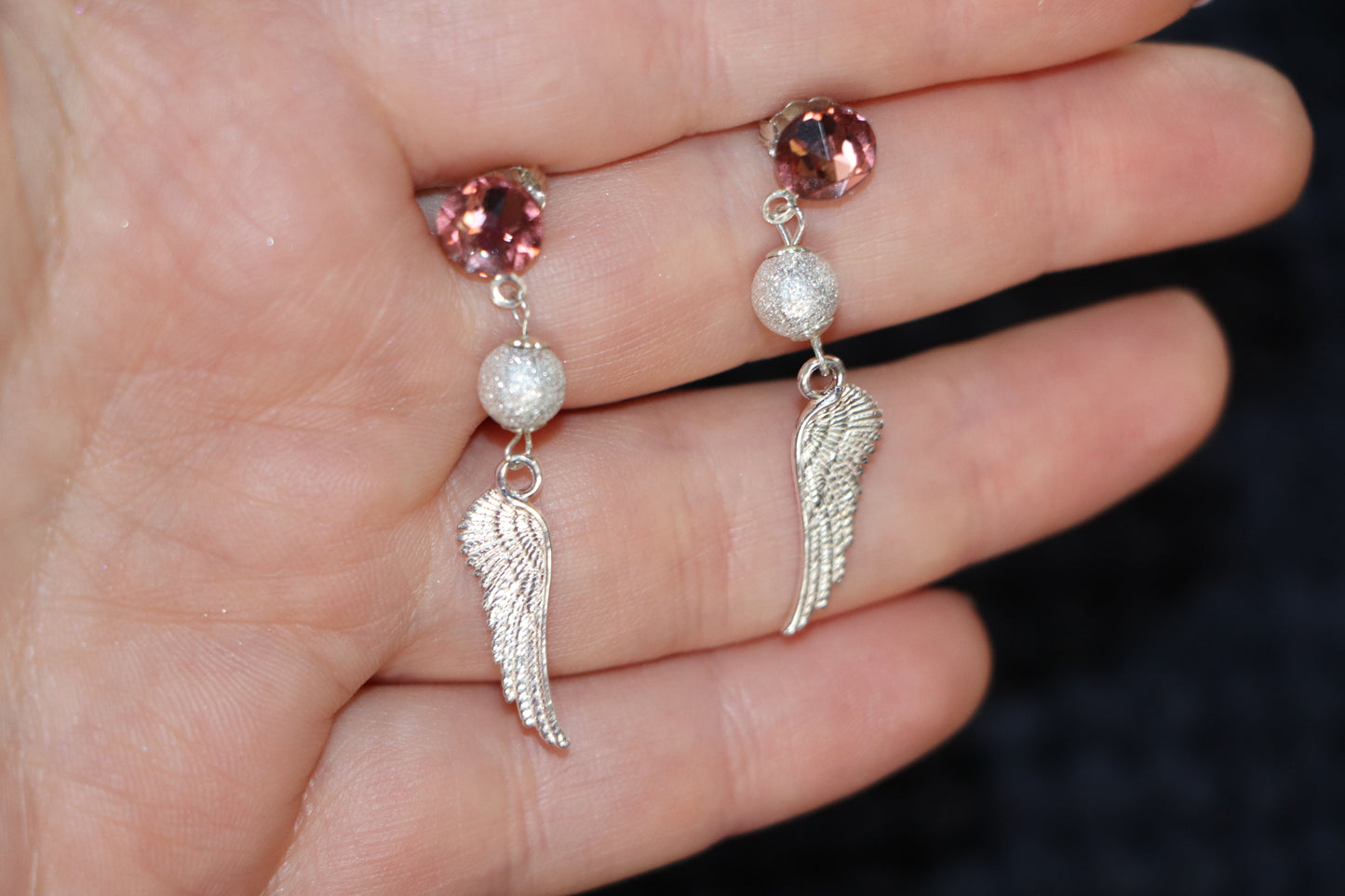 Boucles d'oreilles en argent 925 les ailes d'ange et strass roses Swarovski