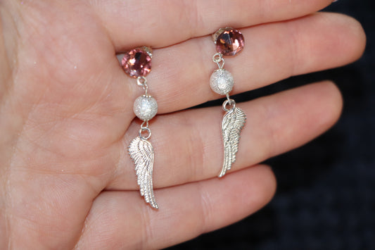 Boucles d'oreilles en argent 925 les ailes d'ange et strass roses Swarovski