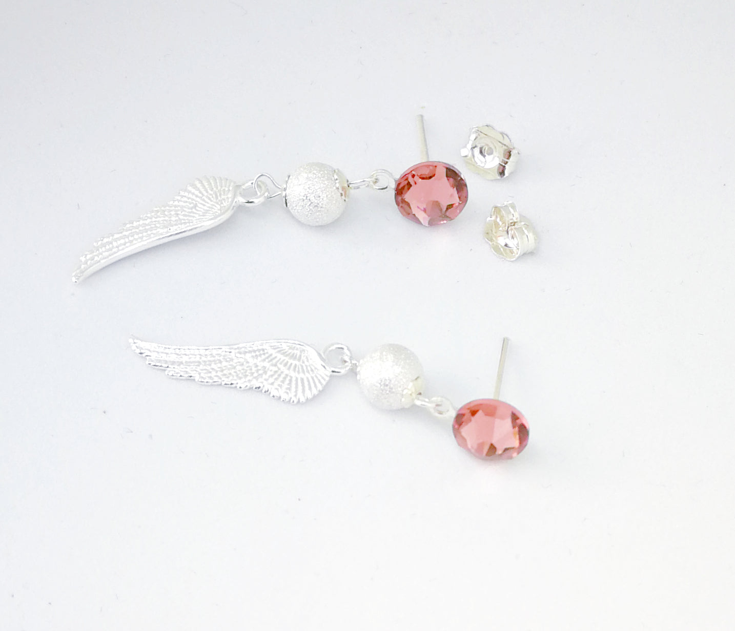 Boucles d'oreilles en argent 925 les ailes d'ange et strass roses Swarovski