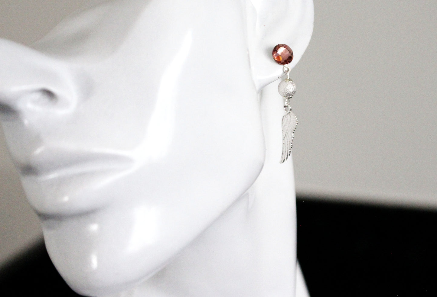 Boucles d'oreilles en argent 925 les ailes d'ange et strass roses Swarovski