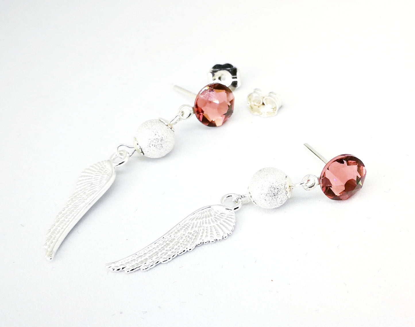 Boucles d'oreilles en argent 925 les ailes d'ange et strass roses Swarovski