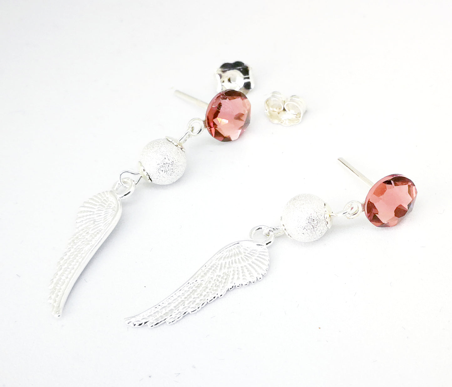 Boucles d'oreilles en argent 925 les ailes d'ange et strass roses Swarovski