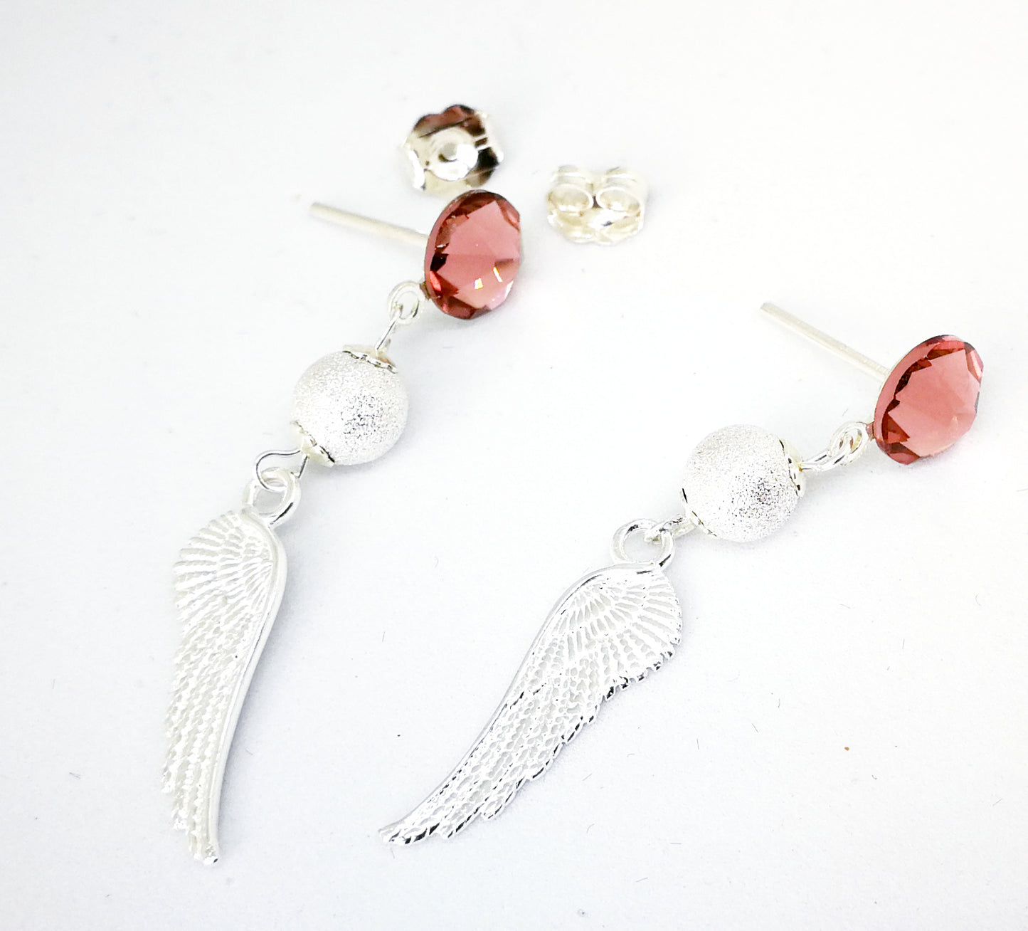 Boucles d'oreilles en argent 925 les ailes d'ange et strass roses Swarovski