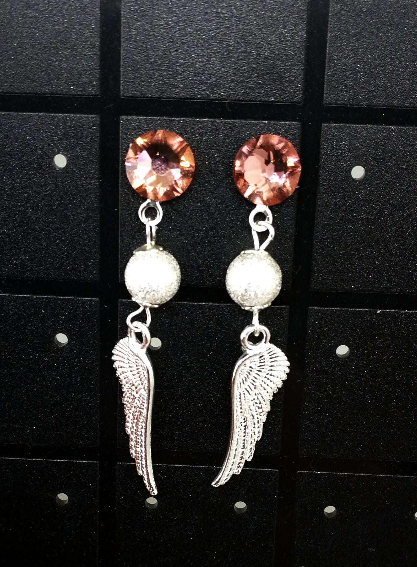 Boucles d'oreilles en argent 925 les ailes d'ange et strass roses Swarovski