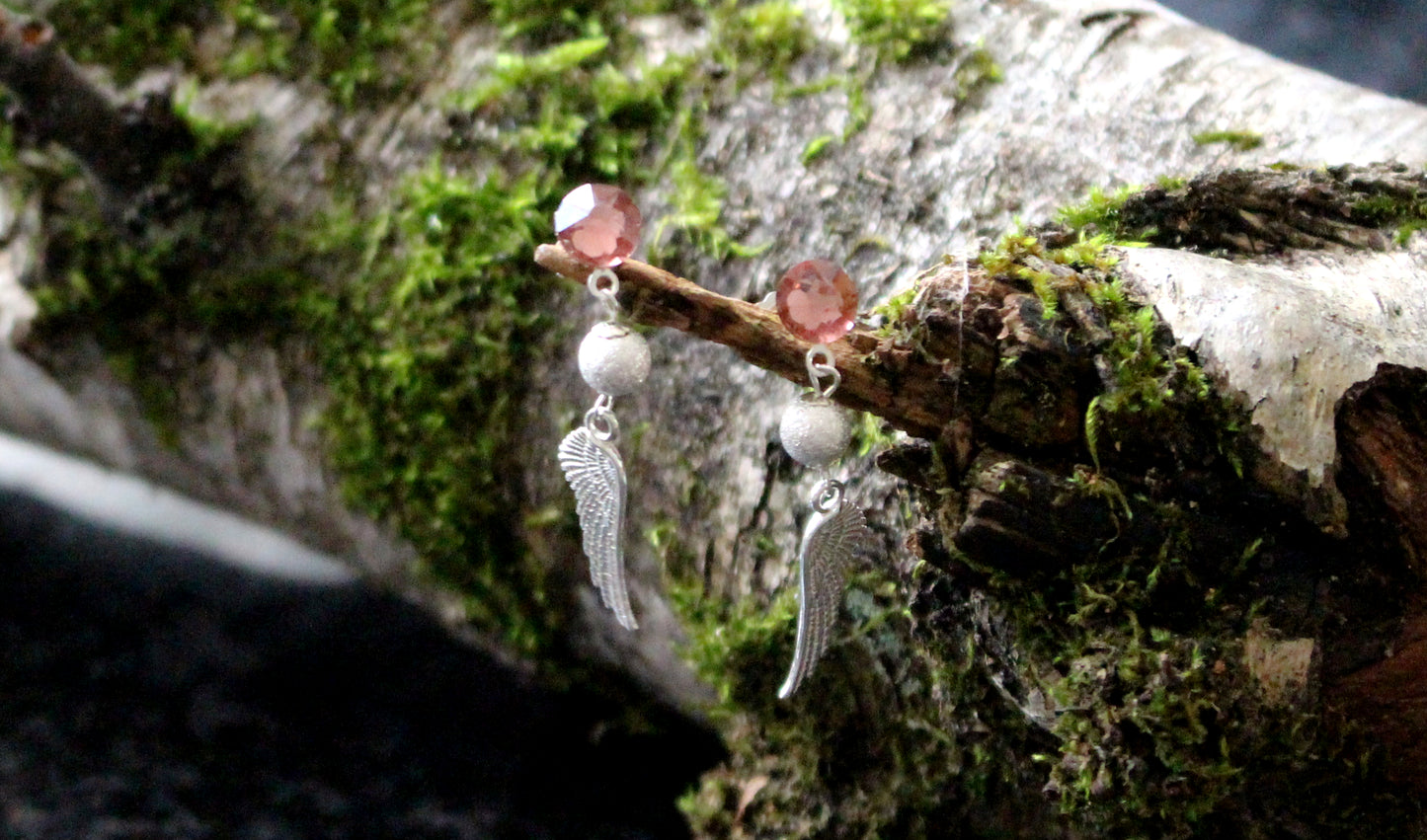 Boucles d'oreilles en argent 925 les ailes d'ange et strass roses Swarovski